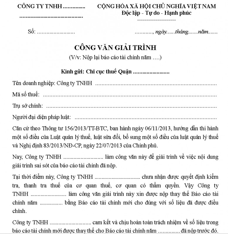 Mẫu công văn giải trình nộp lại báo cáo tài chính