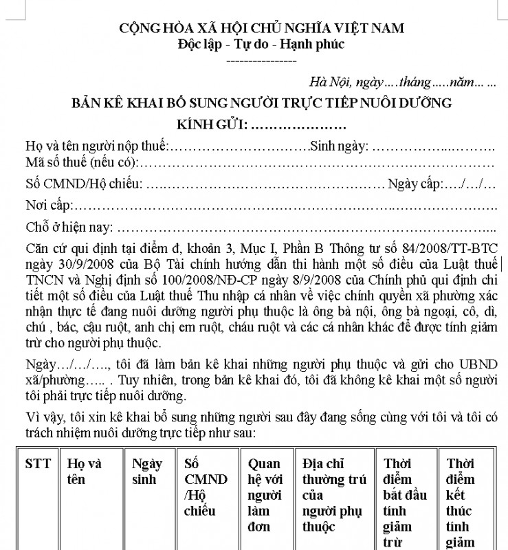 Mẫu kê khai bổ sung người phụ thuộc