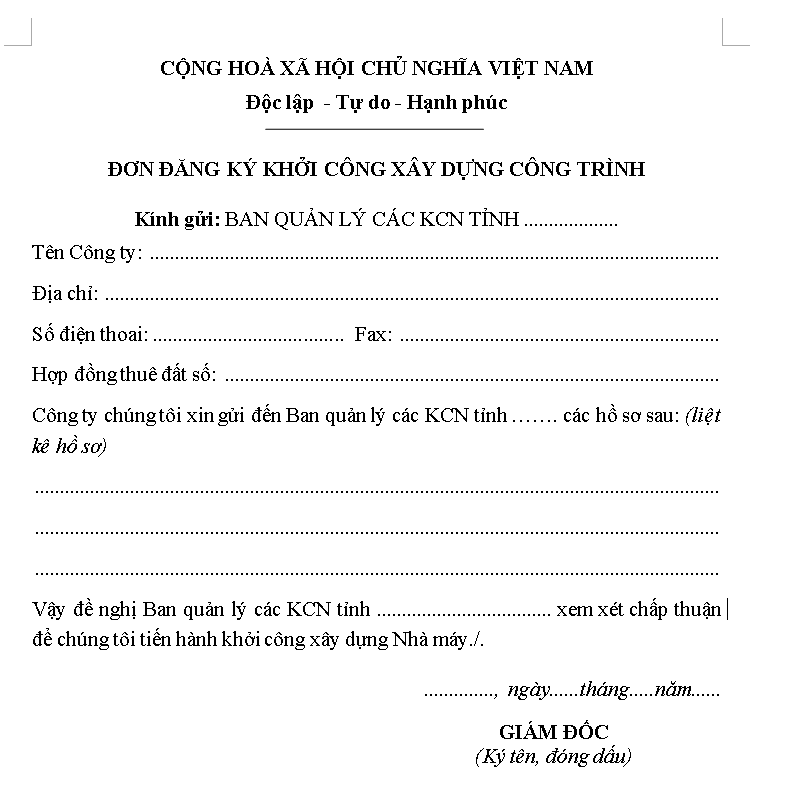 Mẫu đơn đăng ký khởi công xây dựng công trình