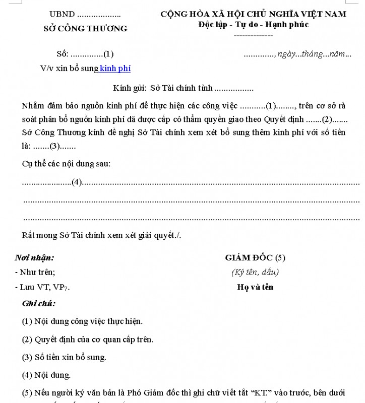 Mẫu công văn xin bổ sung kinh phí