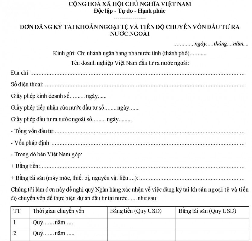 Mẫu đơn đăng ký tài khoản ngoại tệ
