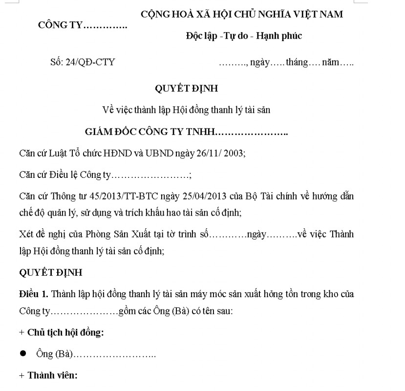 Mẫu quyết định thành lập hội đồng thanh lý tài sản