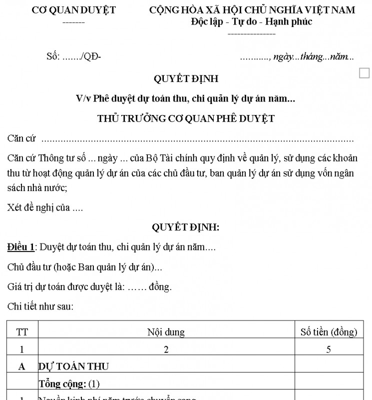Mẫu quyết định phê duyệt dự toán thu, chi quản lý dự án