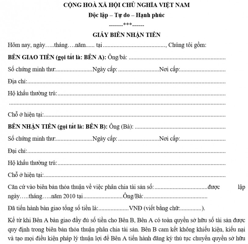 Mẫu giấy biên nhận tiền mặt