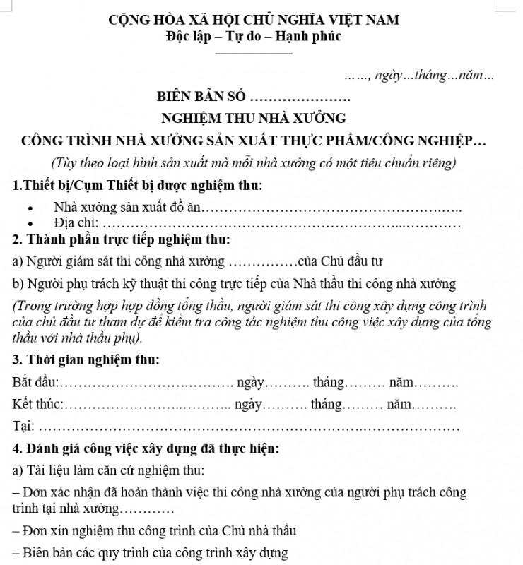 Mẫu biên bản nghiệm thu nhà xưởng