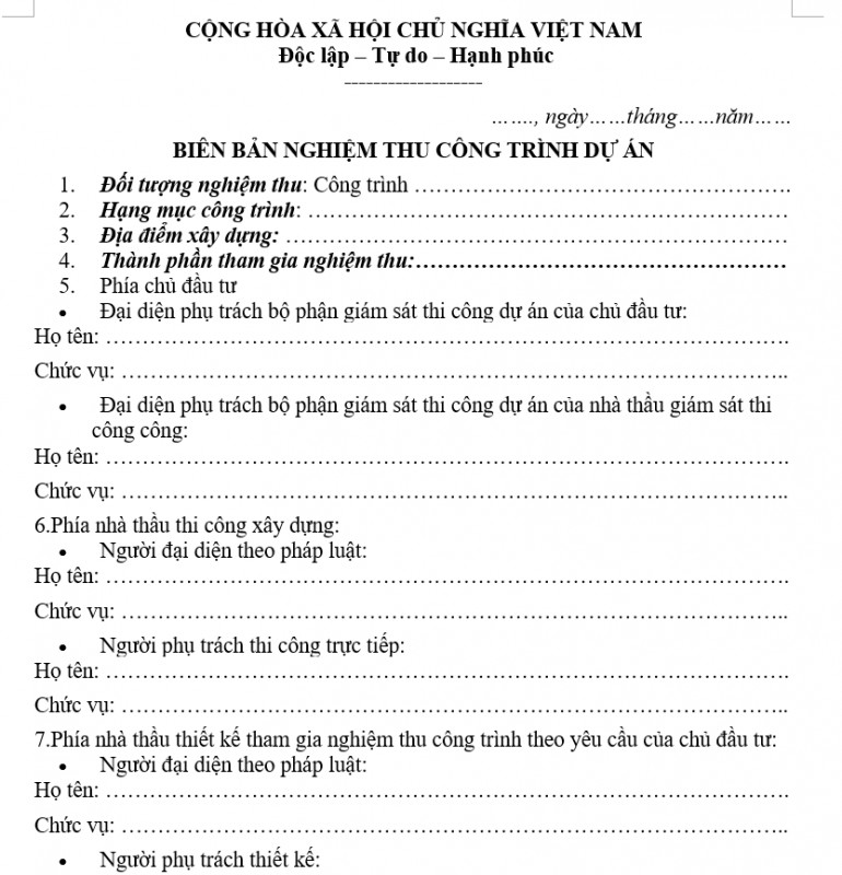 Mẫu biên bản nghiệm thu công trình dự án