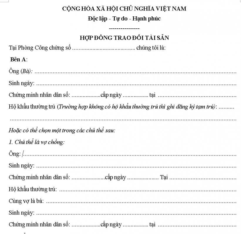 Mẫu hợp đồng trao đổi tài sản