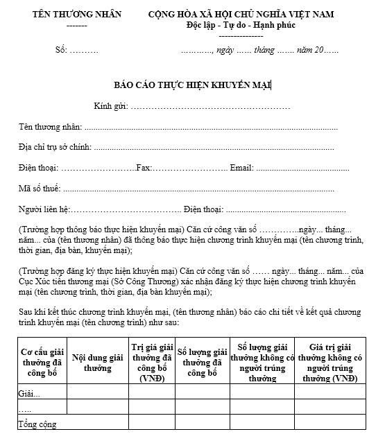 Mẫu báo cáo thực hiện khuyến mại