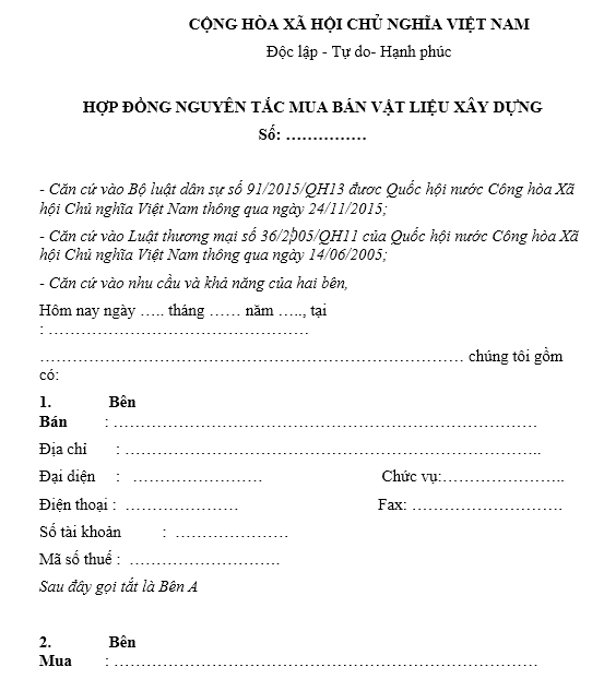 Mẫu hợp đồng mua bán vật liệu xây dựng