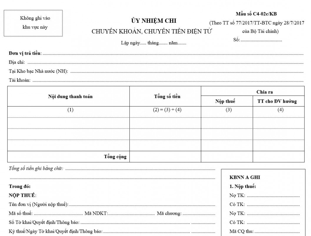 Mẫu ủy nhiệm chi kèm nộp thuế mới