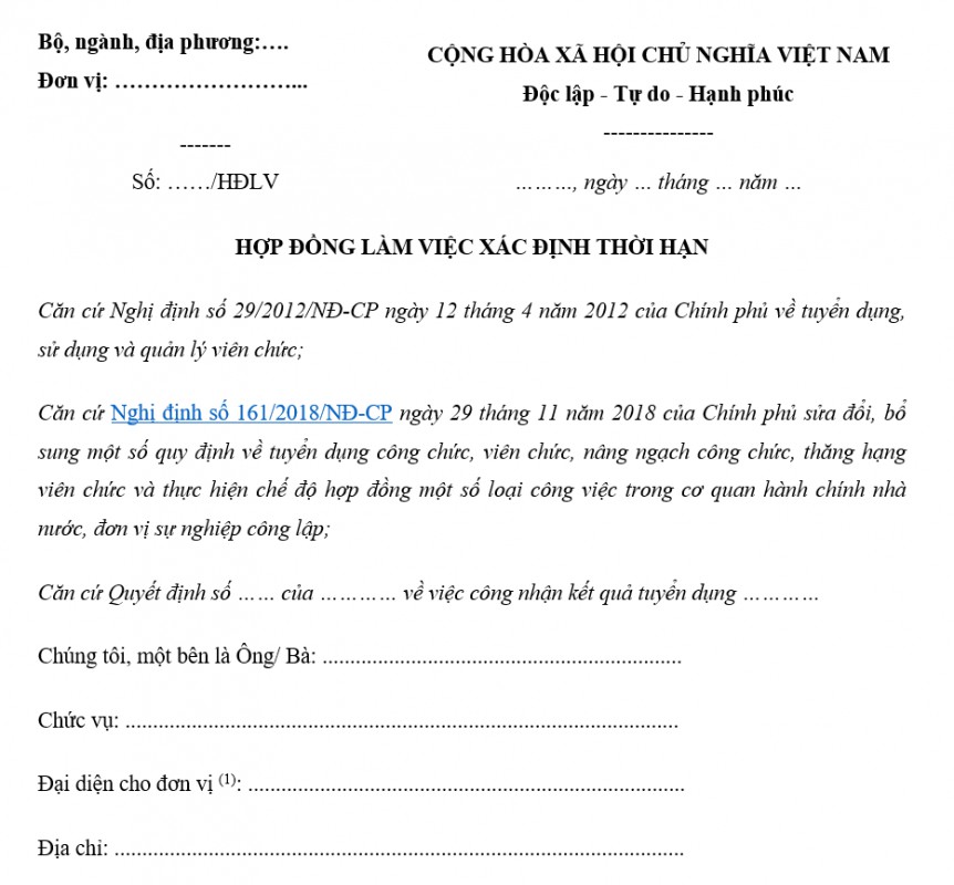 Mẫu hợp đồng lao động có thời hạn cho viên chức