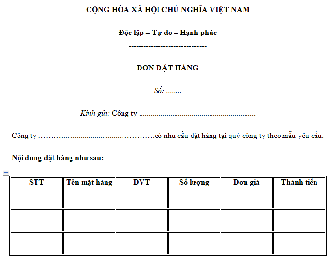 Mẫu đơn đặt hàng chuẩn