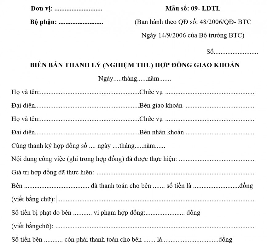 Mẫu biên bản thanh lý hợp đồng giao khoán