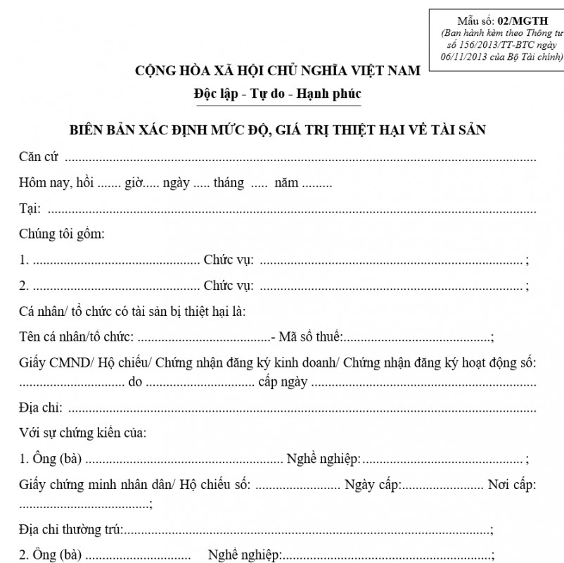 Biên bản xác định mức độ giá trị thiệt hại về tài sản