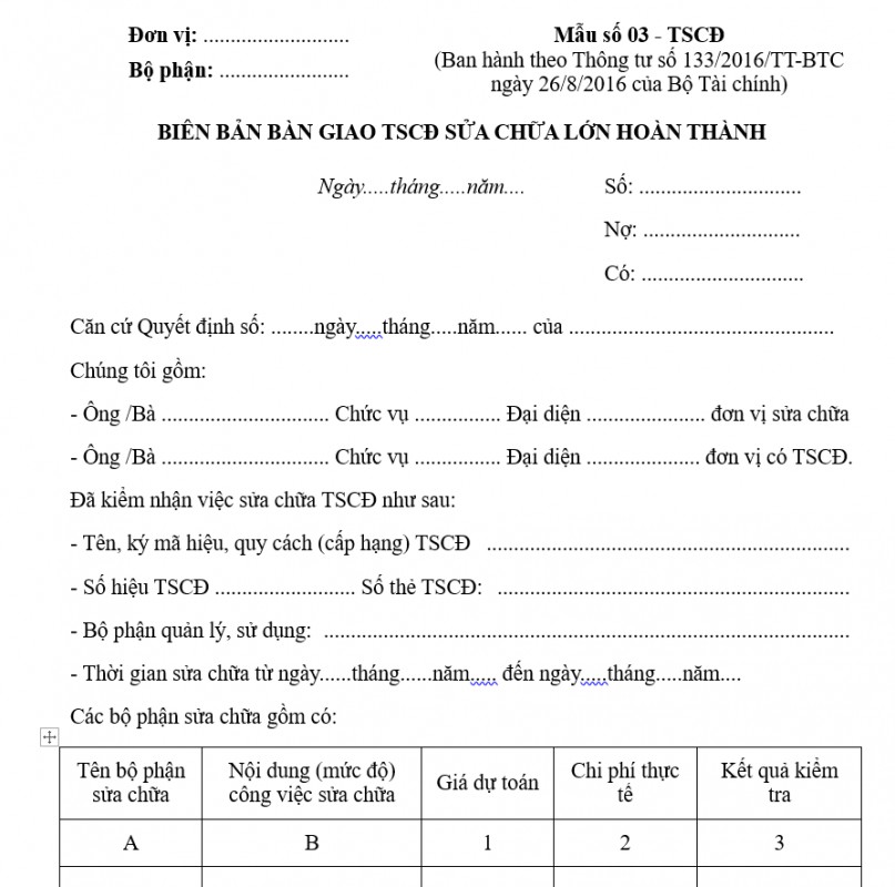 Biên bản bàn giao tài sản cố định sửa chữa lớn hoàn thành