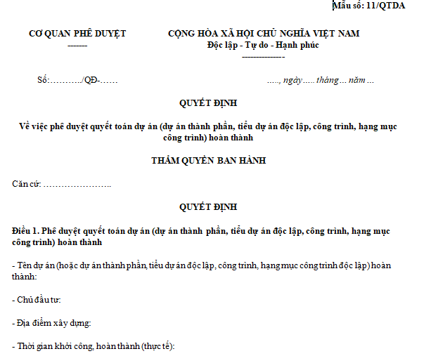 Quyết định về việc phê duyệt quyết toán dự án