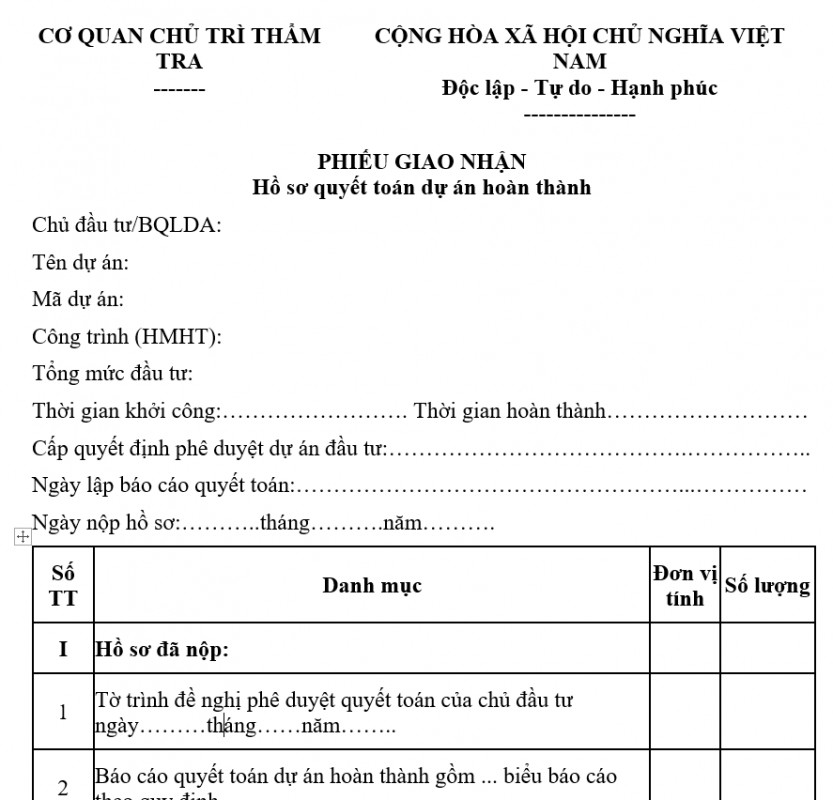 Phiếu giao nhận hồ sơ quyết toán dự án hoàn thành