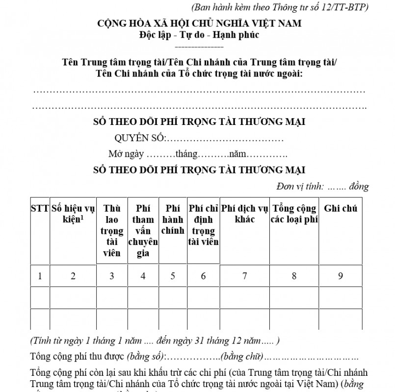 Sổ theo dõi phí trọng tài thương mại