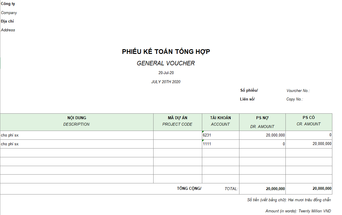 Mẫu phiếu kế toán tổng hợp ( Song ngữ)