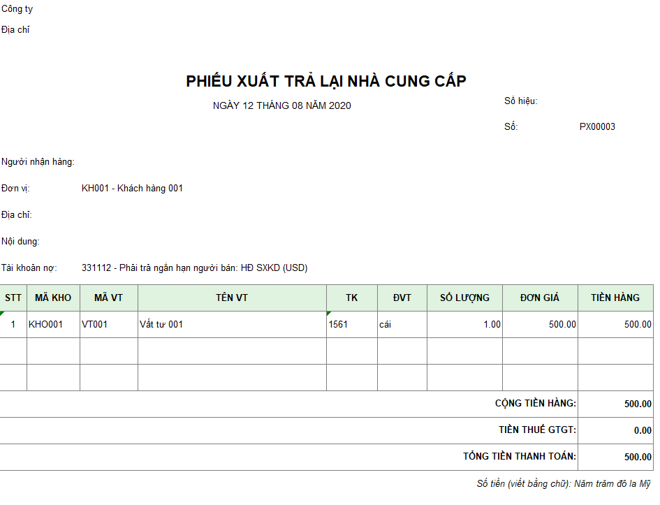 Mẫu phiếu xuất trả lại nhà cung cấp ( Ngoại tệ )