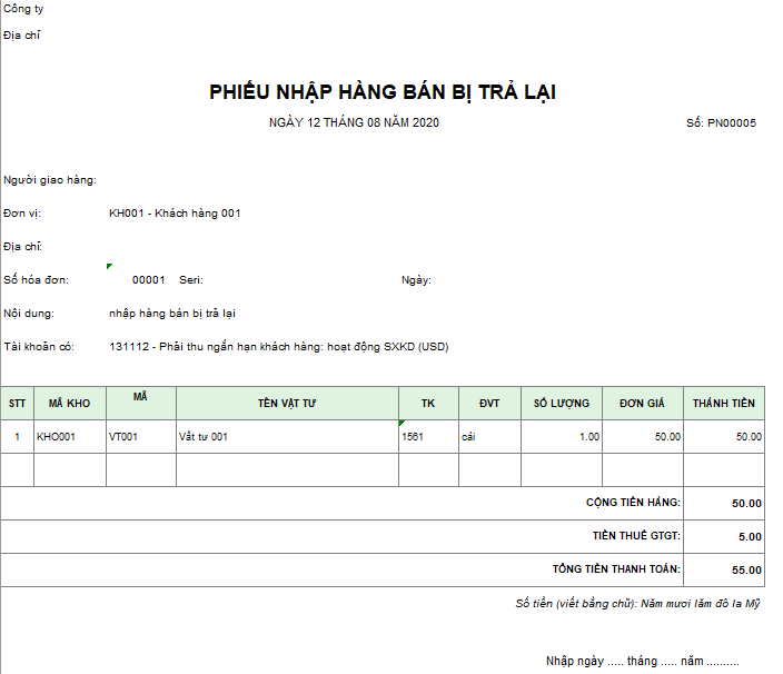 Mẫu phiếu nhập hàng bán bị trả lại ( Ngoại tệ )