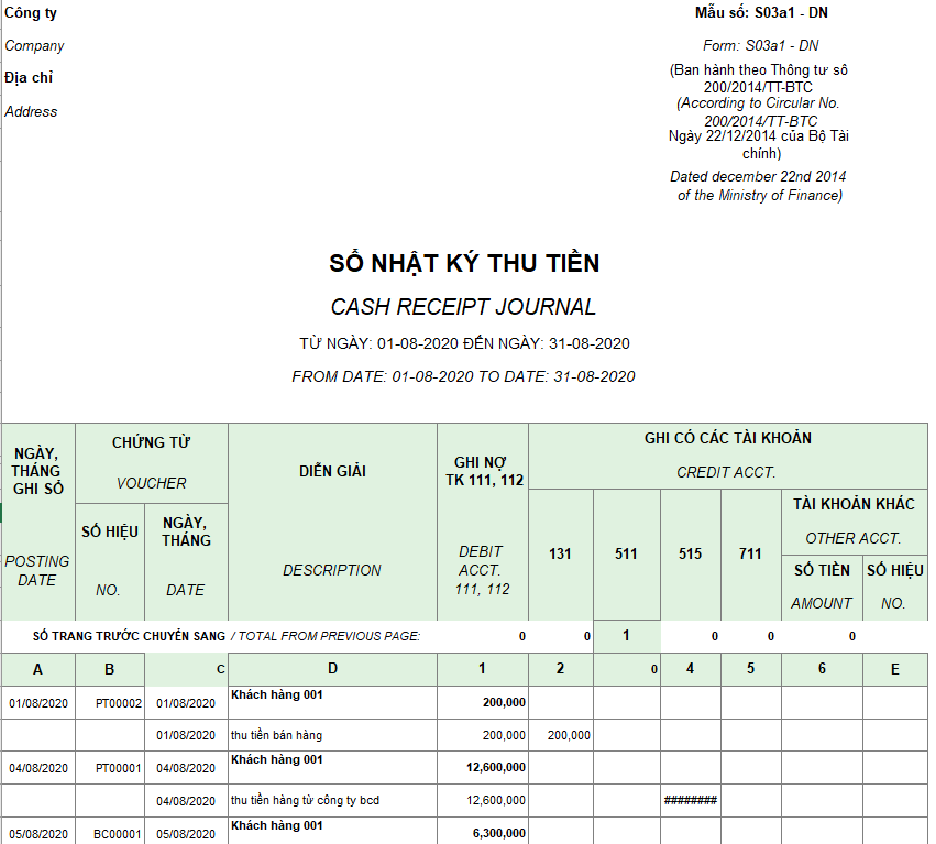 Mẫu sổ nhật ký thu tiền ( Song ngữ ) theo TT200