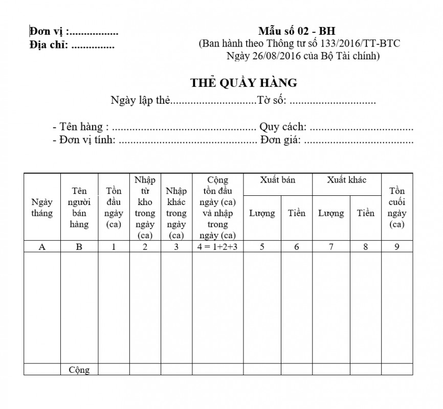 Mẫu thẻ quầy hàng theo TT 133
