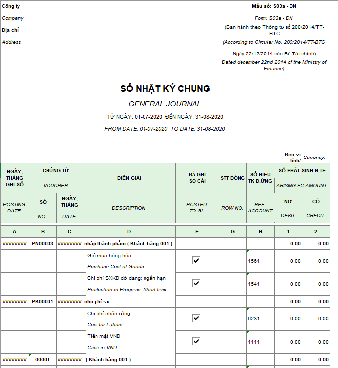 Mẫu sổ nhật ký chung theo TT200 ( Song ngữ  - Ngoại tệ)