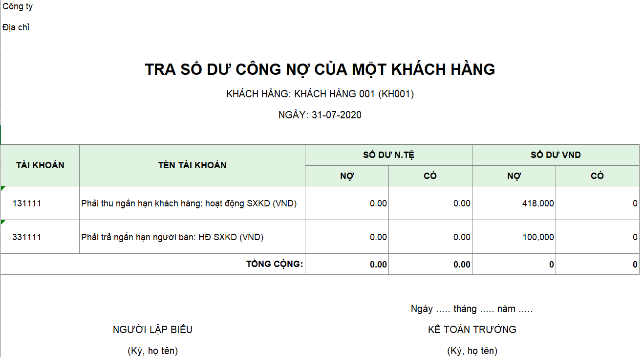 Mẫu tra số dư công nợ của một khách hàng ( Ngoại tệ)