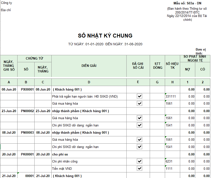 Mẫu sổ nhật ký chung theo TT133 ( Ngoại tệ)