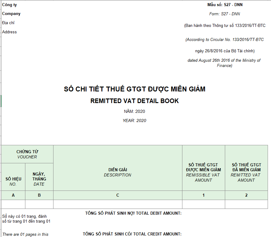 Mẫu sổ chi tiết thuế GTGT được miễn giảm theo TT 133 ( Song ngữ)
