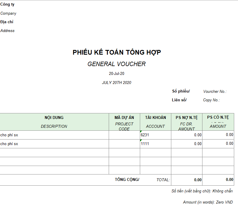 Mẫu phiếu kế toán tổng hợp ( Song ngữ - Ngoại tệ)