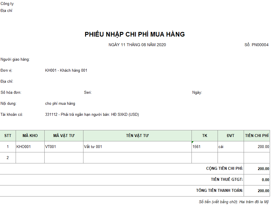 Mẫu phiếu nhập chi phí mua hàng ( Ngoại tệ )