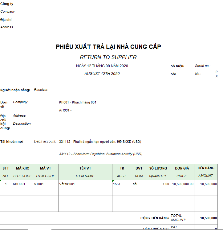 Mẫu phiếu xuất trả lại nhà cung cấp ( Song ngữ )