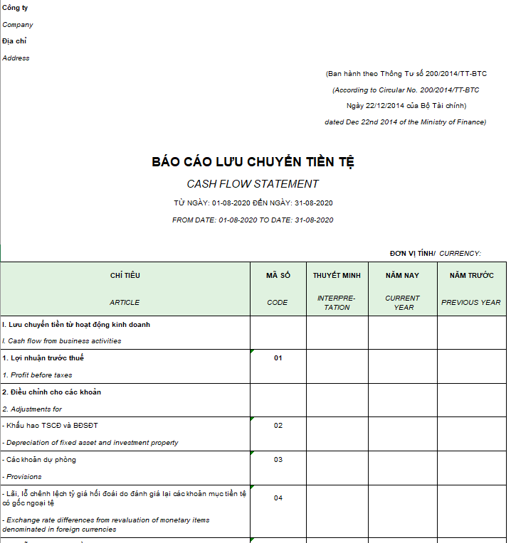 Mẫu báo cáo lưu chuyển tiền tệ ( Song ngữ - Ngoại tệ ) theo PP gián tiếp - Theo TT 200