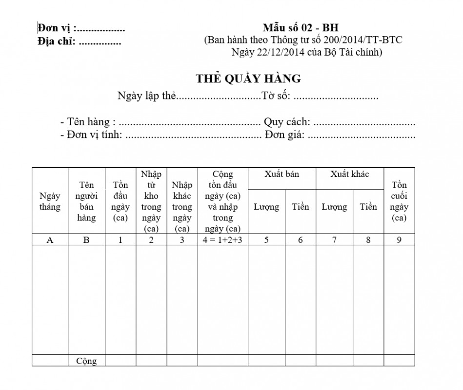 Mẫu thẻ quầy hàng theo TT 200
