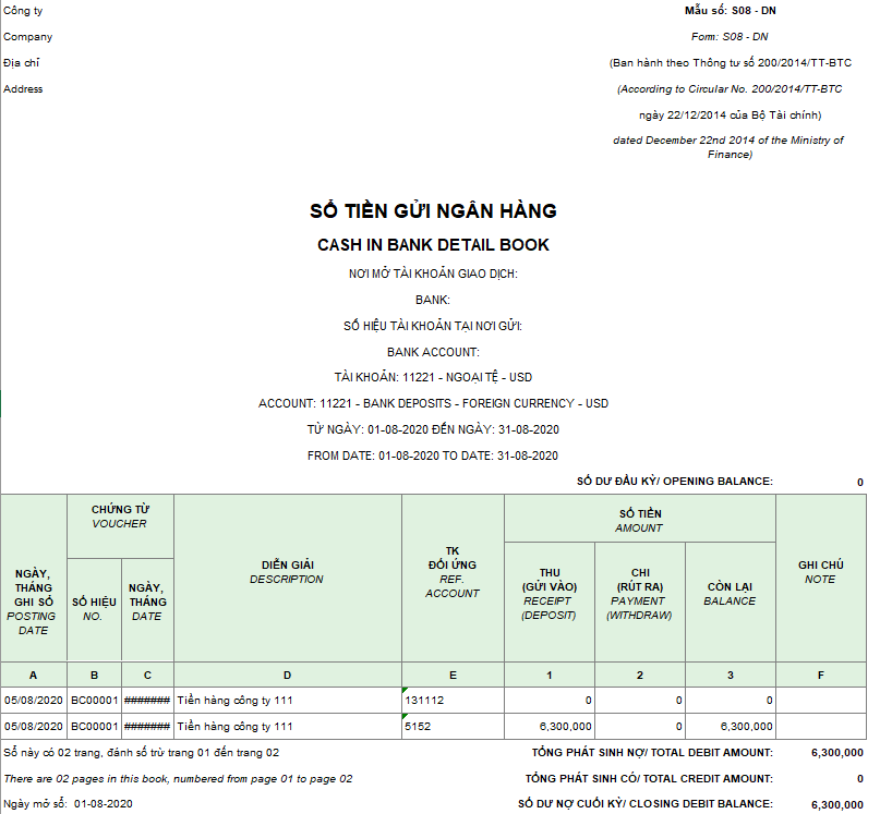 Mẫu sổ tiền gửi ngân hàng theo TT 200 ( Song ngữ)
