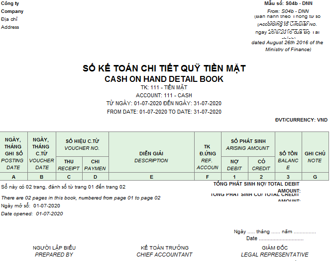 Mẫu sổ kế toán chi tiết quỹ tiền mặt theo TT 133 ( Song ngữ)