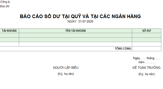 Mẫu báo cáo số dư tại quỹ và tại các ngân hàng