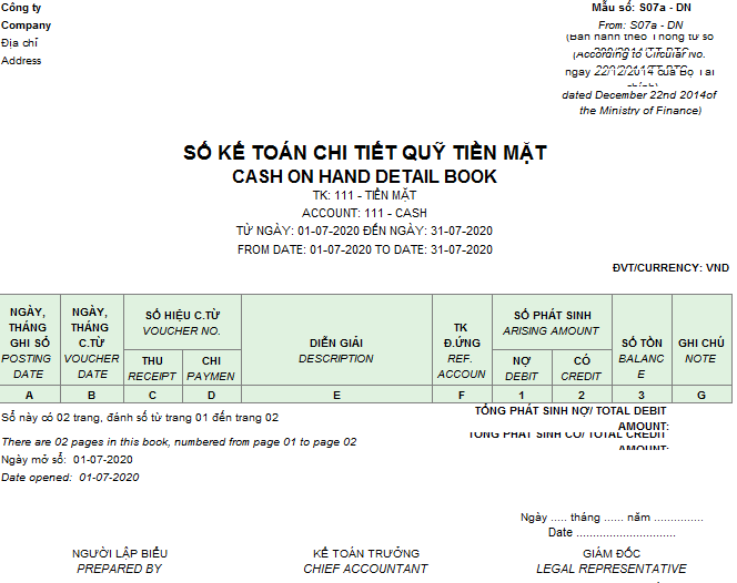Mẫu sổ kế toán chi tiết quỹ tiền mặt theo TT 200 ( Song ngữ)