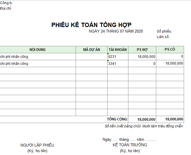 Mẫu phiếu kế toán tổng hợp
