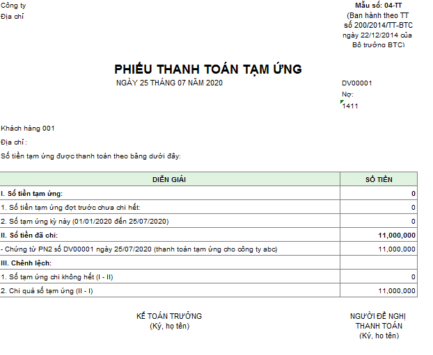 Mẫu phiếu thanh toán tiền tạm ứng theo TT200