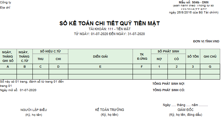 Mẫu sổ kế toán chi tiết quỹ tiền mặt theo TT 133
