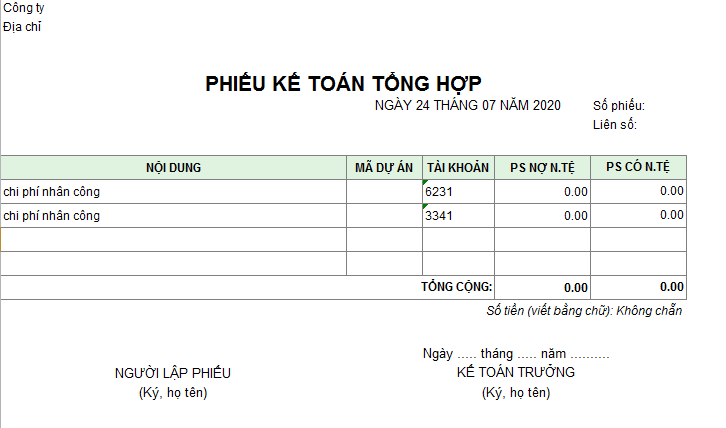 Mẫu phiếu kế toán tổng hợp ( Ngoại tệ)