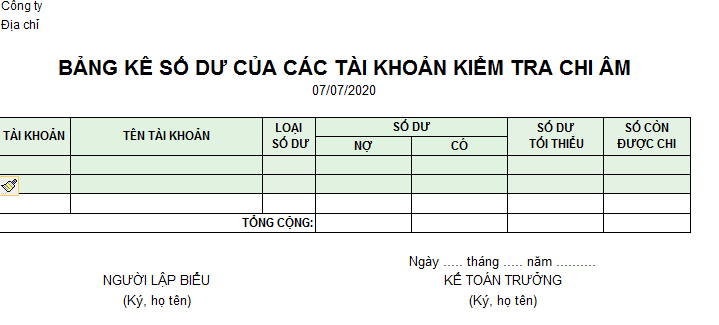 Mẫu bảng kê số dư của các tài khoản kiểm tra chi âm
