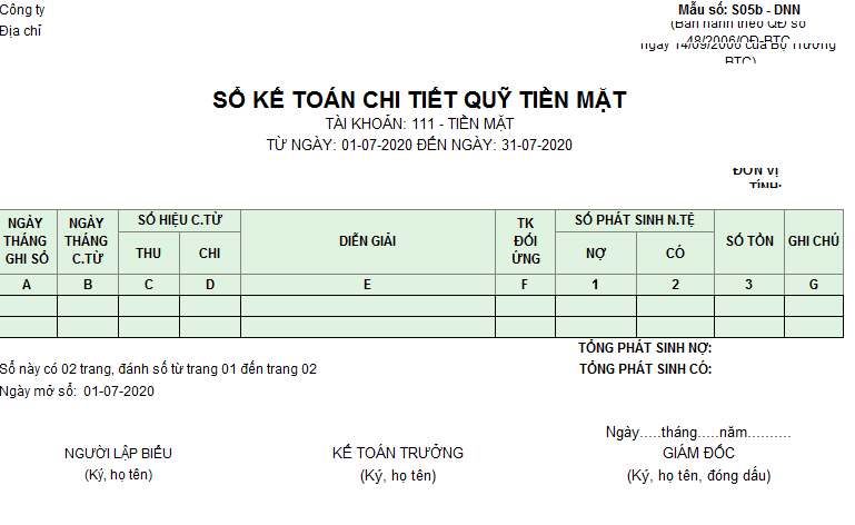 Mẫu sổ kế toán chi tiết quỹ tiền mặt theo TT 133 ( Ngoại tệ)