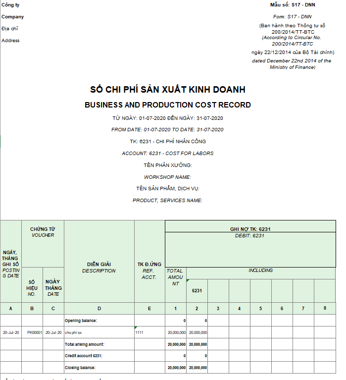Mẫu sổ chi phí sản xuất kinh doanh theo TT200 ( Song ngữ)