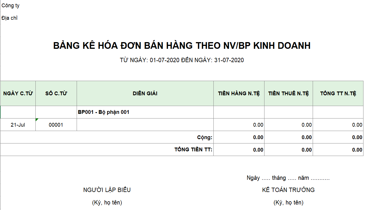 Mẫu bảng kê hóa đơn bán hàng theo NV/BP kinh doanh ( Ngoại tệ)