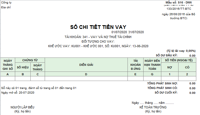 Mẫu sổ chi tiết tiền vay theo TT133 ( Ngoại tệ)