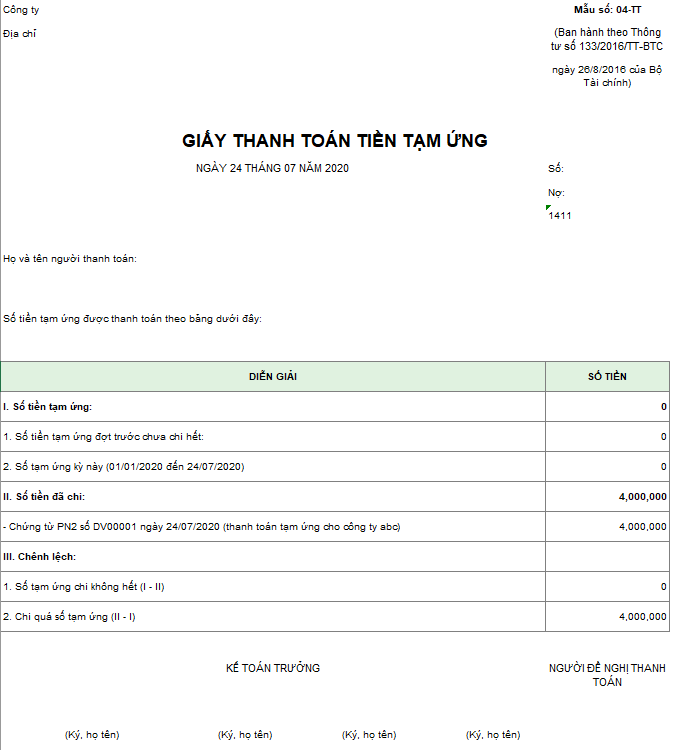 Mẫu giấy thanh toán tiền tạm ứng theo TT133